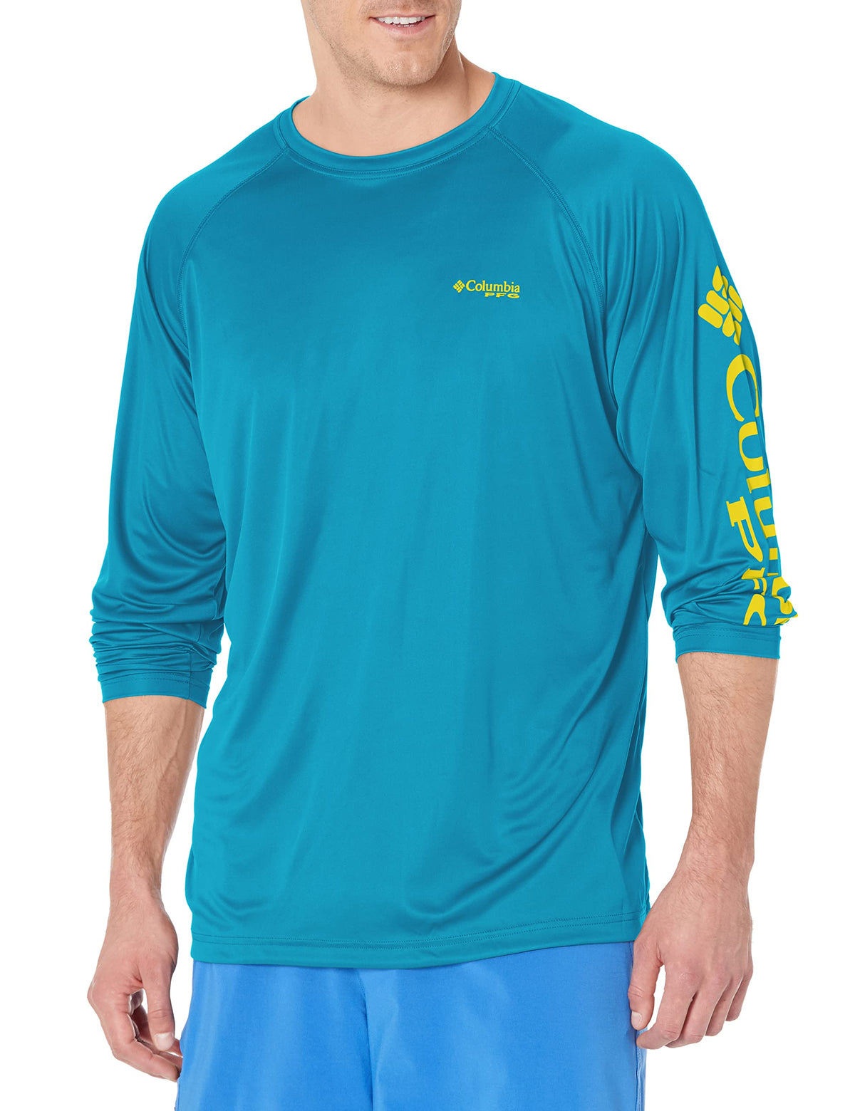 Columbia Men's Terminal Tackle Long Sleeve Shirt, Deep Marine/Laser Lemon Logo, 2X Tall