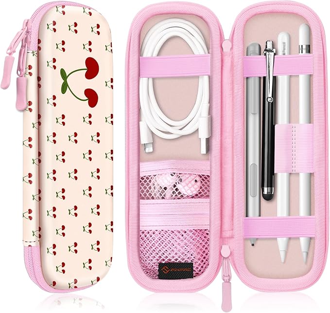 Fintie Holder Case for Apple Pencil Pro, Apple Pencil (USB-C / 1st / 2nd Generation), PU Leather Carrying Bag Sleeve Compatible with Pen, USB Cable, Samsung Stylus, Coquette Cherries
