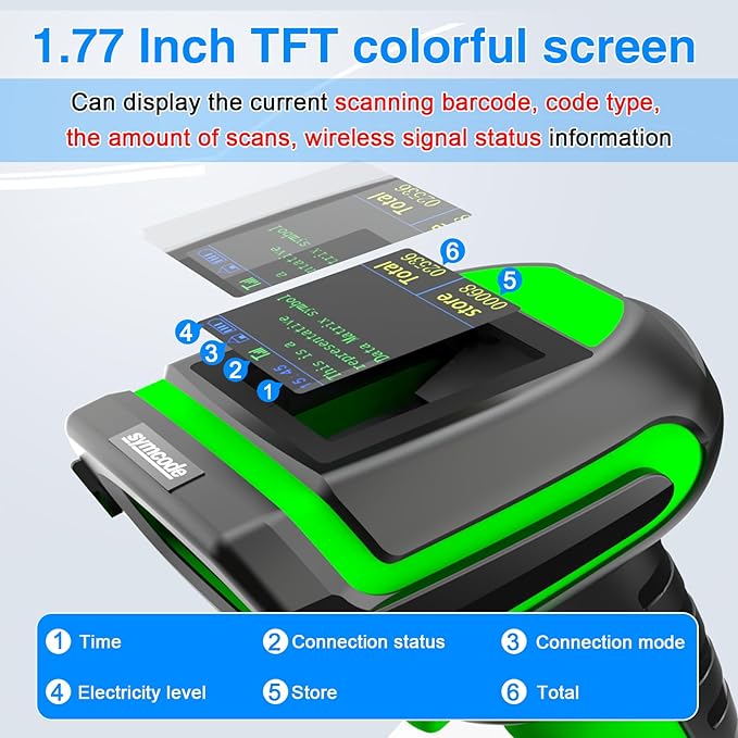 Symcode 2D Screen Barcode Scanner Wireless with Charging Stand,2 in 1 Wireless 433Mhz and Bluetooth 2600mAh 1D 2D Bar Code Scanner with Charging Stand for Store, POS, CPU, iPhone, Android