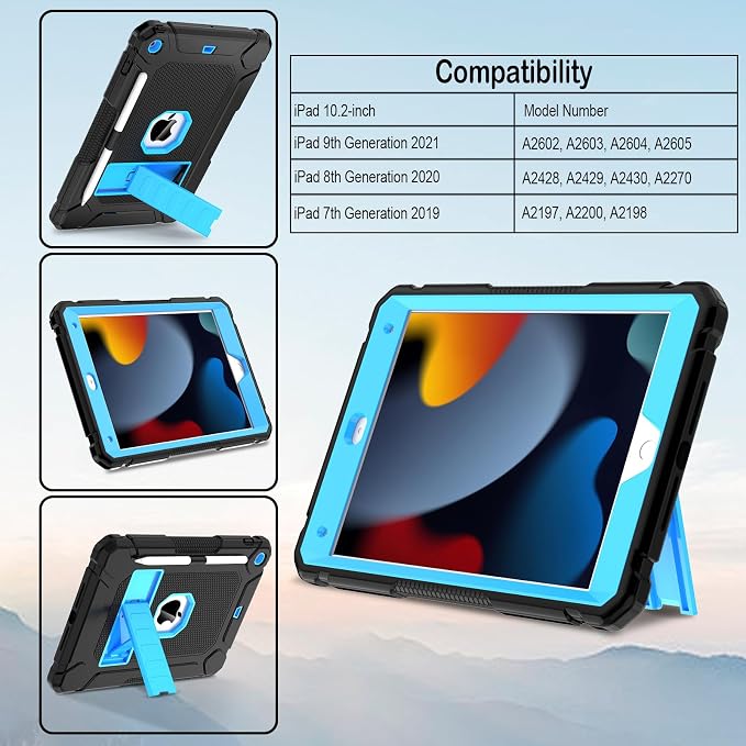 LTROP Case for iPad 10.2-Inch 9th/ 8th/ 7th Generation (2021/2020/ 2019) with Pencil Holder &amp Kickstand Hybrid Shockproof Rugged Protective Case for iPad 9/8/ 7 Gen 10.2 Purple and Green