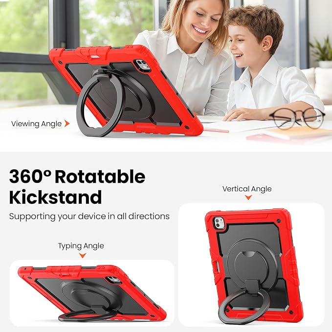 for iPad Pro 11 inch Protective Case M5 2025/M4 2024: Heavy Duty Shockproof Case with Pencil Holder - 360°Rotating Handle/Stand - Screen Protector - Shoulder Strap Black/Sky Blue