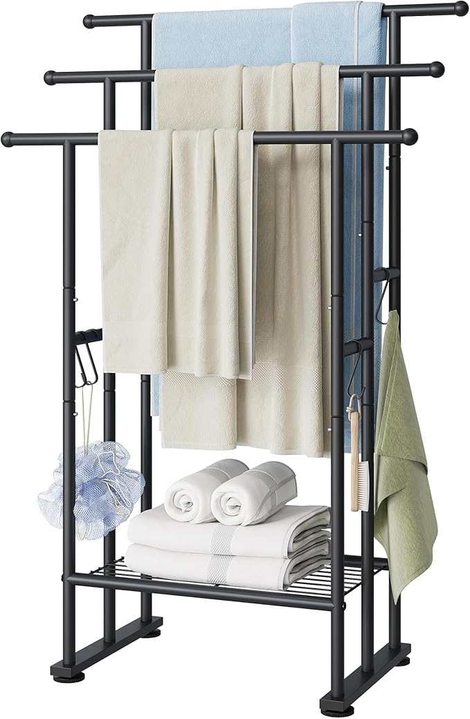ELYKEN 3 Tier Standing Towel Rack, 40'' Tall Towel Drying Rack Outdoor, Freestanding Floor Towel Rack with Shelf, Pool Towel Blanket Stand, Metal Towel Racks for Bathroom freestanding, Matte Black