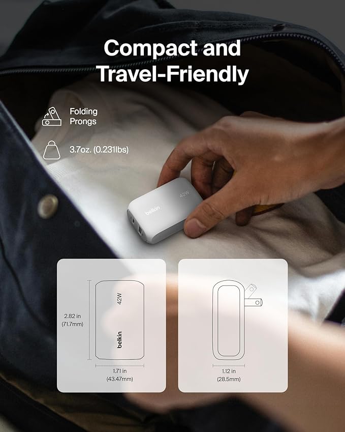 Belkin 42W Dual Port USB C and USB A Charger Block Fast Charging | Super Fast Charging Samsung Galaxy S26 iPhone 17 Air Pro Pro Max iPad AirPods Apple Watch
