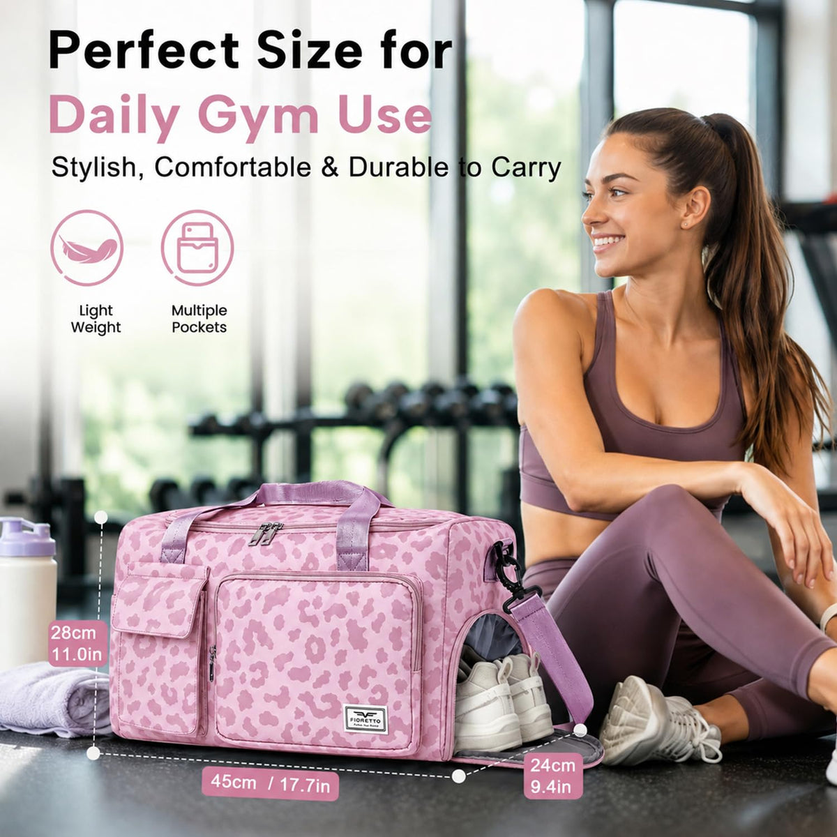 FIORETTO Women's Gym Duffle Bag with Shoes Compartment, 30L Capacity, Ideal for Travel, Gym, Sports, Duffel, Weekender, Leopard Pink