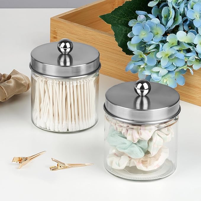 SheeChung Bathroom Organizers and Storage - 1Pack Qtip Holders Bathroom Canister Apothecary Jars for Cotton Swabs, Rounds, Balls, Qtips,Makeup Sponges, Flossers,Bath Salts - Brushed Nickel