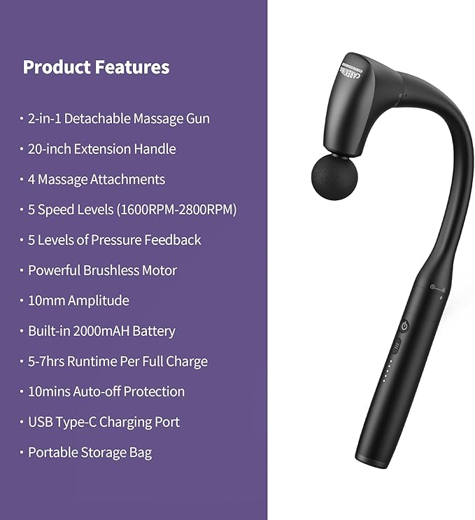 CAREKING 2-in-1 Detachable Muscle Massage Gun Deep Tissue with 20'' Extension Handle, Back and Neck Massager for Pain Relief, Handheld Massager for Shoulder Lower Back Leg Waist, FSA-HSA Eligible