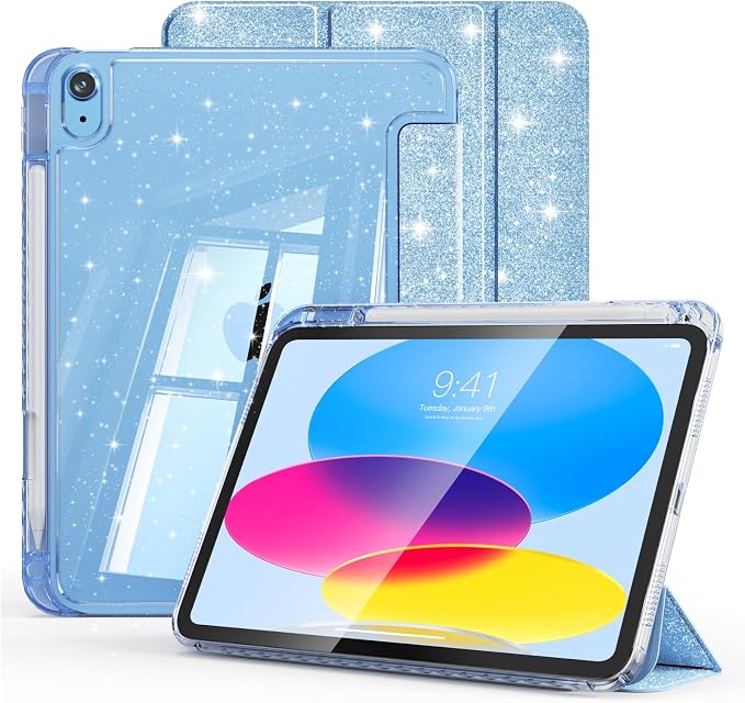 Case for iPad A16 11th/10th Generation 2025/2022 Purple | Glitter Shockproof 10th gen ipad case with Pencil Holder Trifold Stand Auto Wake/Sleep Sparkly ipad a16 case clear