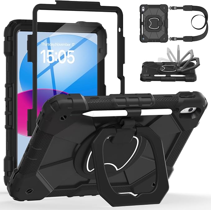 Case for iPad A16 11th/10th Generation 11/10.9 Inch 2025/2022 Dinines Full-Body Drop Protection Shockproof iPad a16 Case with Screen Protector 360° Rotating Stand Shoulder Strap Pencil Holder Black