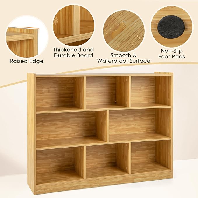 NAFORT 8-Cube Organizer Storage Cabinet, 3-Tier Bookshelf,Low Displaycase, Wooden Bookcase for Bedroom/Preschook/Classroom/Office, Burlywood