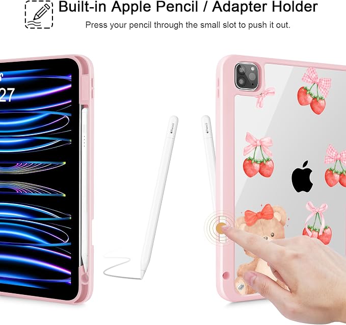 Case for iPad 12.9 Inch (6th/5th/4th/3rd Generation 2022/2021/2020/2018) Pencel Holder + Trifold Support Auto Sleep/Wake Transparent Shockproof Back Cover Abstract Floral SD163