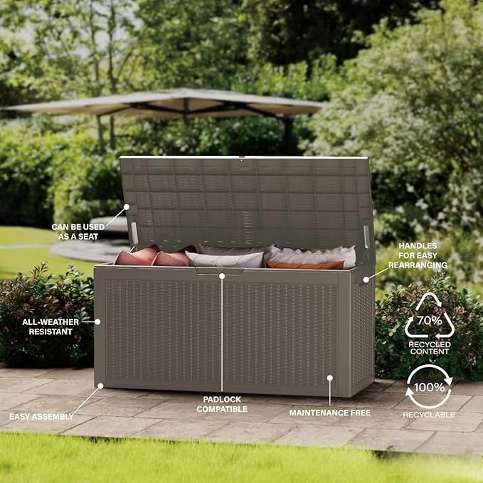 100 Gallon Resin Deck Box, Waterproof Outdoor Storage Bin for Patio Furniture, Pool Accessories, and Garden Tools, Lockable & UV-Resistant, Grey