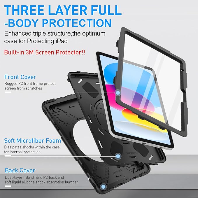 SUPFIVES Case for iPad (A16) 11th/10th Generation 2022/2025 Full-Body Drop Protection Cover for iPad 10th Gen 10.9/11 inch with Screen Protector 360° Rotate Stand Shoulder Strap Pencil Holder