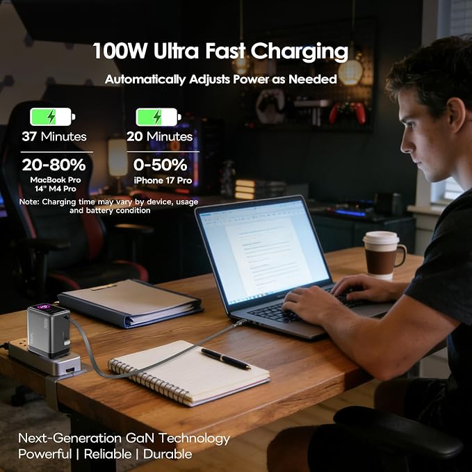 Compact 100W GaN Retractable USB C Wall Charger with Smart Display | Durable Built-in Retractable Cable C1-100W C2-100W A1-30W Compatible with MacBook iPhone Galaxy Pixel iPad(Non-Battery)