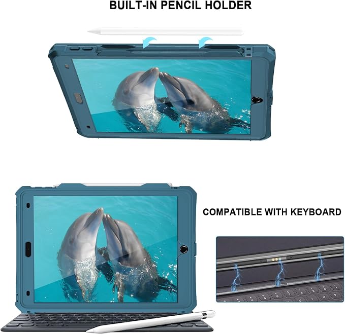 10.2 Waterproof Case Compatible with iPad 9th 8th 7th Generation 2021/2020/2019 Built-in Screen Protector with Strap Stand Pencil Holder Full Body Heavy Duty Protective Shockproof