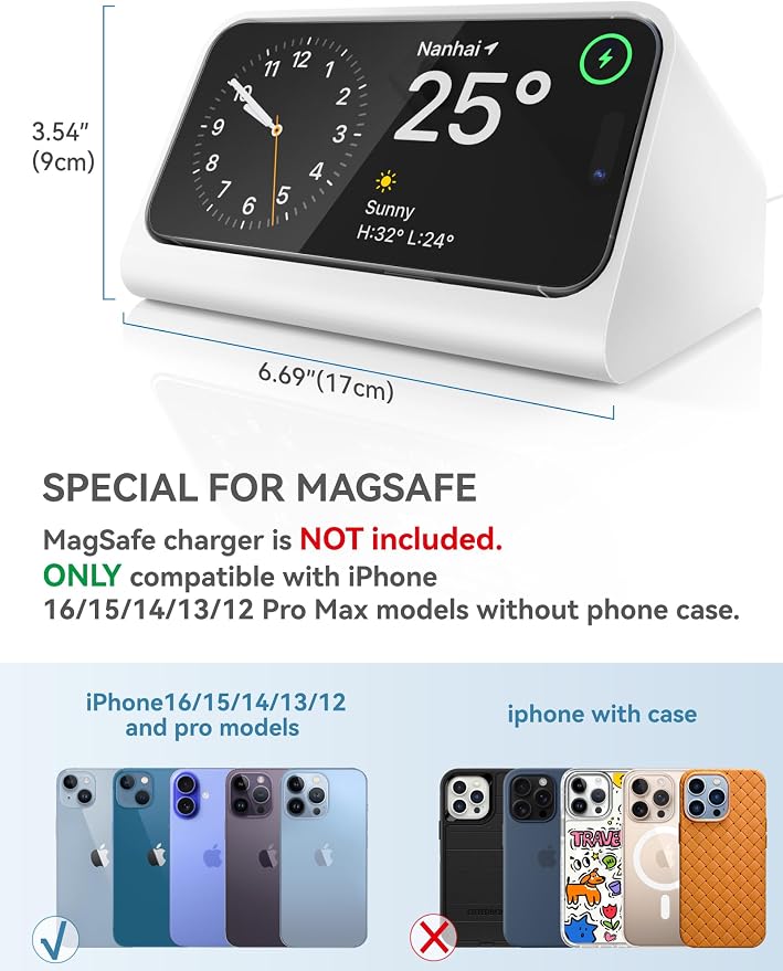 for iPhone Standby Mode Dock DN40 Charging Stand for Magsafe Wireless Charger Compatible with iPhone 16/15 Pro Max for Bedside Phone Holder Bedroom Nightstand Alarm Clock Docking Station