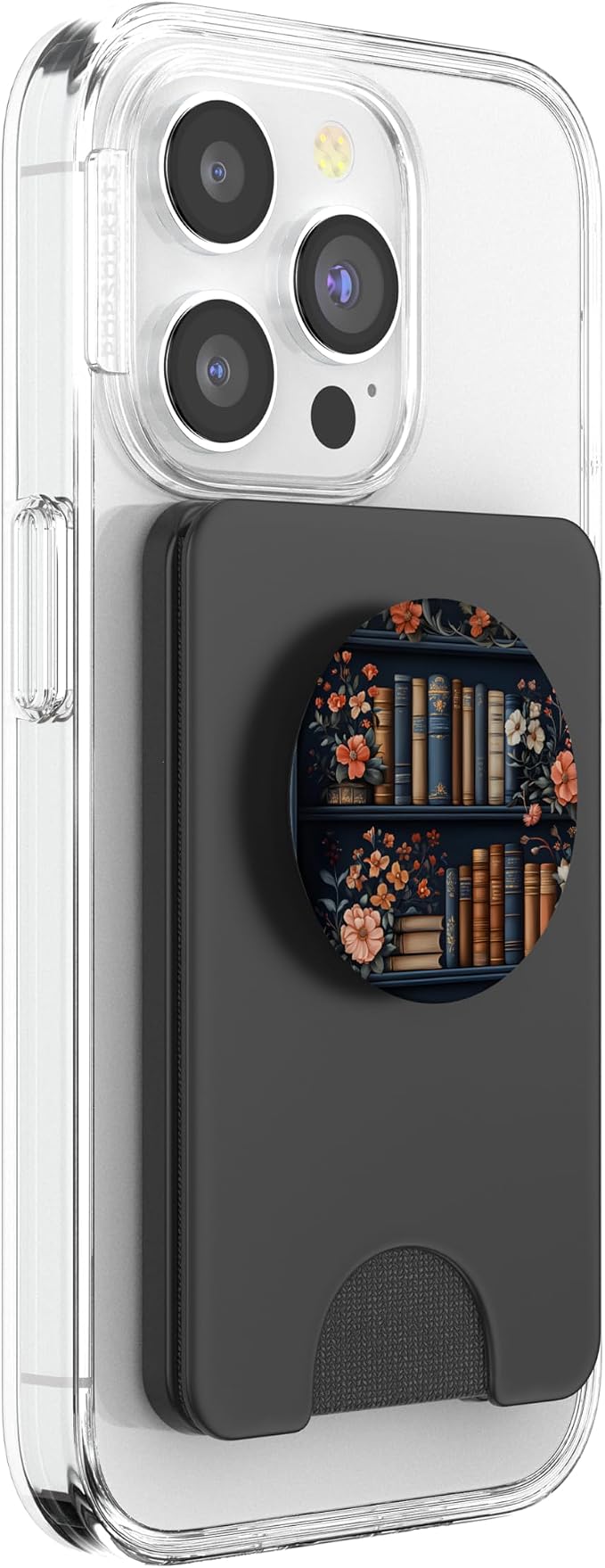 Dark Library Bookshelf with Vintage Books and Flowers PopSockets Adhesive PopGrip