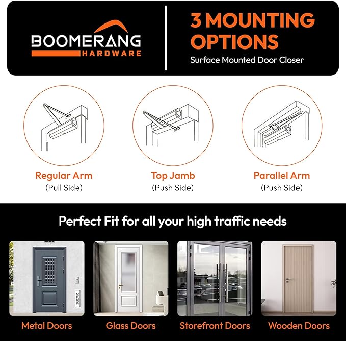 Boomerang Medium Duty Automatic Commercial Door Closer - D703 Hydraulic UL 3 hr. Fire Rated Closer, Surface-Mounted Size 3 for Home & Light Commercial Doors, Painted Brass/Gold (US4)