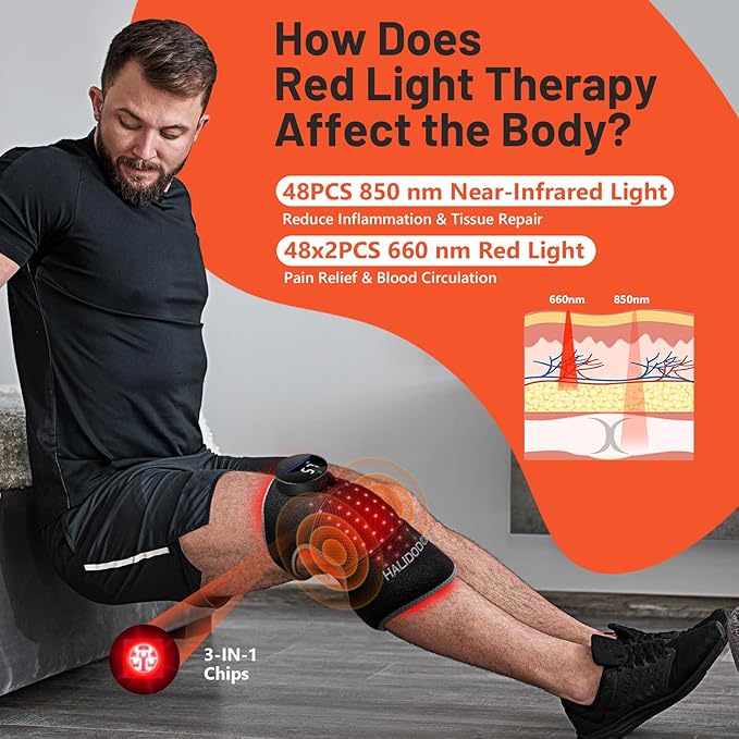 HALIDODO Red Light Therapy & Vibration Massage Knee Brace - Wireless Rechargeable Controller, 660nm & 850nm Red Light Therapy Heated Device for Knee/Joint/Elbow/Shoulder.