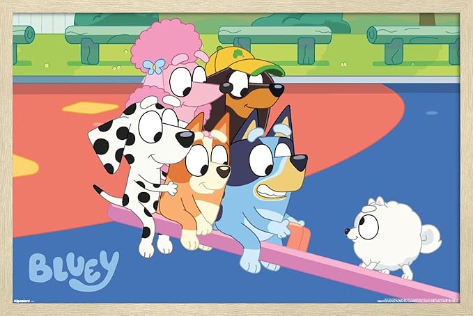 Bluey (2018) - Bluey and Friends See Saw Fun Wall Poster, 22.4L" x 14.7W", Blonde Framed Version