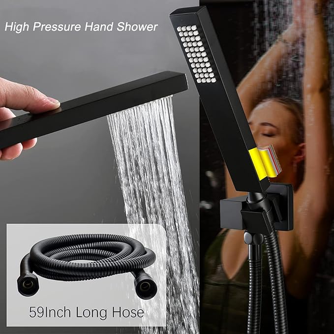 KATAIS Matte Black Tempreature Display Shower System with 6 PCS Body Jet, 8 inch Wall Mount Shower Head and Handheld Spray