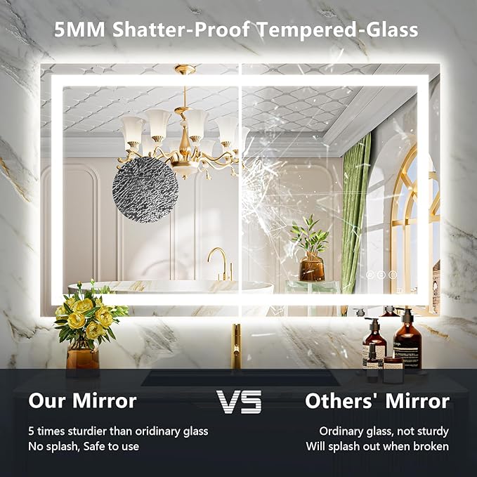 YEELAIT 48x30 Inch LED Bathroom Mirror with Lights Front and Backlit Lighted Vanity Mirror for Bathroom Wall with 3 Colors Dimmable Anti-Fog Memory Shatter-Proof IP54 Waterproof Horizontal/Vertical