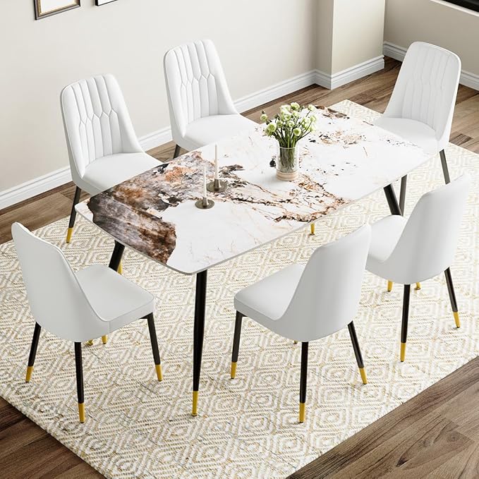 Modern Dining Set for 6, Sintered Stone Table Top, White Chairs, 62'' W x Unknown H x D, Dining Room