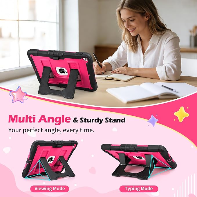 VOFUOE for iPad 9th/ 8th/ 7th Generation Case with Foldable Stand Shoulder Strap Pencil Holder 3 in 1 Heavy Duty Hard Protective Cover for iPad 10.2 Inch 2021/2020/2019 -Black&ampHot Pink