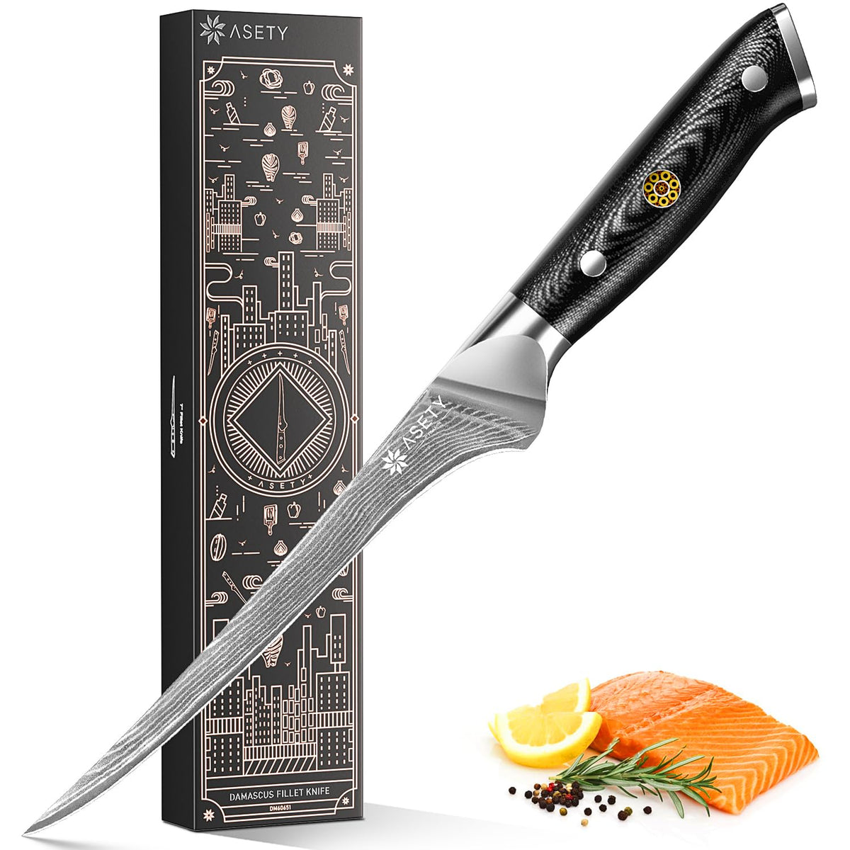 ASETY 7 Inch Damascus Fillet Boning knife for Fish & Meat, G10 Handle