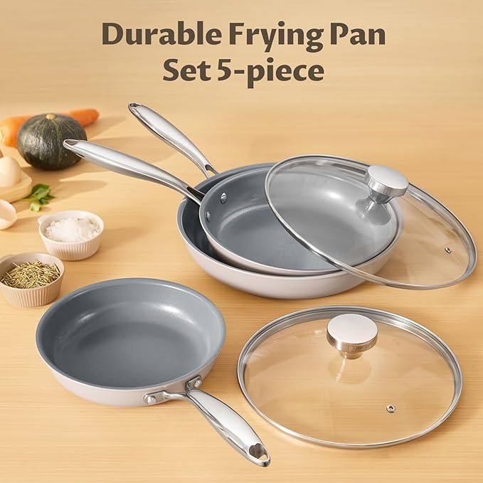Ceramic Nonstick Frying Pan Set with Lids, Non Stick Skillets (8" 10" 11")