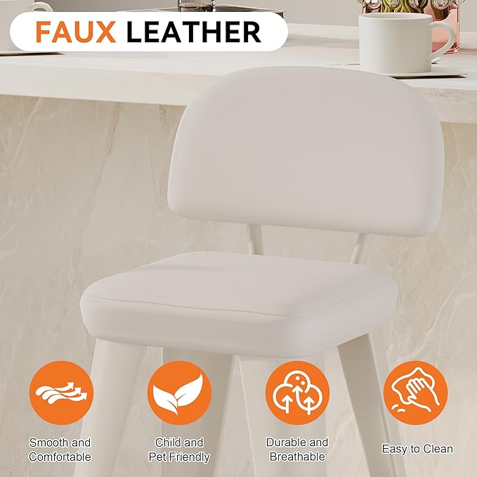 Aklaus PU Leather Metal Bar Stools 24 inch Faux Leather Counter Height Barstools Set of 4 Modern Farmhouse Bar Chairs with High Backs and Faux Leather Seat for Kitchen Island Dining Room Off White