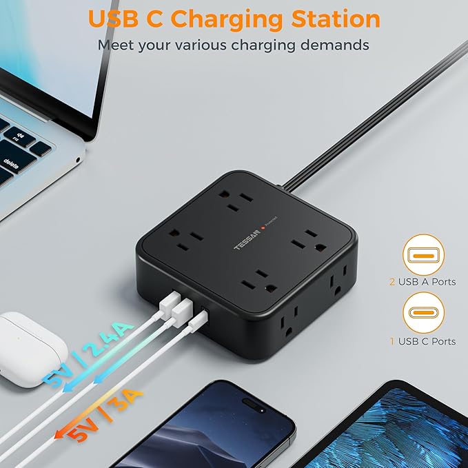 15 FT Extension Cord, TESSAN Ultra Thin Flat Plug Power Strip Surge Protector with 8 Outlets 3 USB Charger(1 USB C), 900J Surge Protection Charging Station for Home Office Dorm Room Essentials, Black
