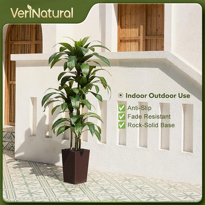 Artificial Dracaena Tree 6FT - Fake Tree with Brown Taper Planter & Pebbles - UV Resistant Faux Yucca Tropical Plant - Artificial Trees for Home Office Living Room Decor Indoor Outdoor