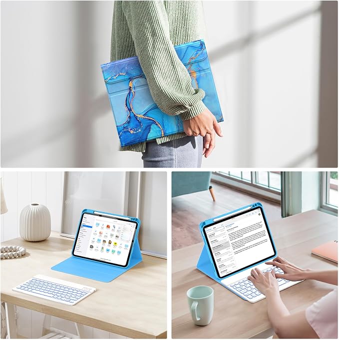Soke for iPad (A16) 11th/10th Gen Case with Keyboard Black Marble | For iPad 11/10.9 inch(2025/2022) 7 Color Backlight Magnetic wireless Detachable Keyboard Case Built-in Pencil Holder