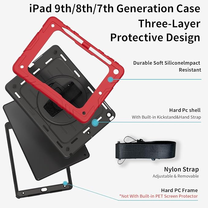 Case for iPad 9th/8th/7th Generation10.2 Shockproof 360 Rotating Stand Shoulder Hand Strap with Pencil Holder for iPad 10.2 inch 2021/2020/2019 Case (Black)