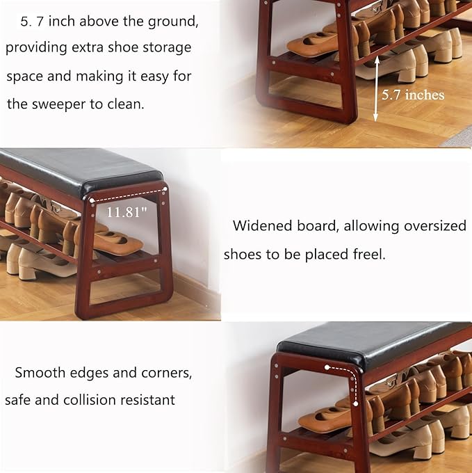 SOBIBO Solid Wood Shoe Bench, 2-Tier Wooden Entryway Bench, Modern Shoe Rack with Faux Leather Cushion for Hallway, Living Room (Black, 31.5'')