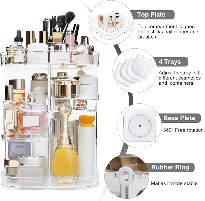AMEITECH 360-Degree Makeup Organizer, DIY Adjustable Rotating Cosmetic Storage Carousel Spinning Holder Storage Rack with 5 Layers Large Capacity, Best for Countertop, Square