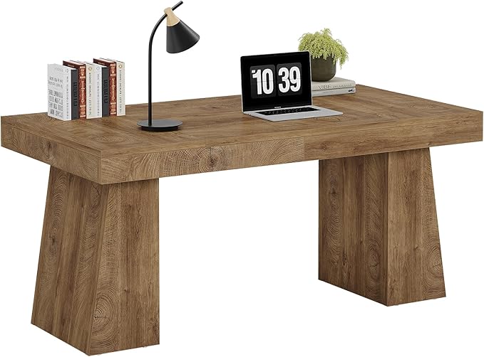 Tribesigns 55" Executive Desk, Wooden Office Desk with Double Pedestal, Modern Simple Computer Writing Table for Home Office, Light Brown