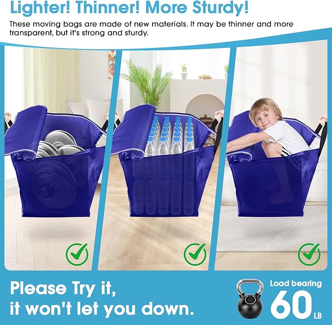 BlissTotes 10 Pack Moving Bags with Clear Window, Storage Bags with Strong Carrying Handles & Zippers,Large Packing Bags for Saving Space, Alternative to Moving Boxes(Blue,33 Gallon)