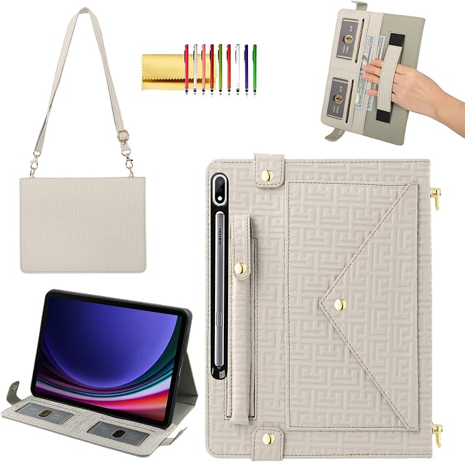Handbag Case for Samsung Galaxy Tab S10 FE/S9 FE 10.9/S9/S8/S7 11 Techcircle Folio Stand Crossbody Wallet Protective Cover with S Pen Holder &amp Card Slots Hand Strap &amp Shoulder Strap Black