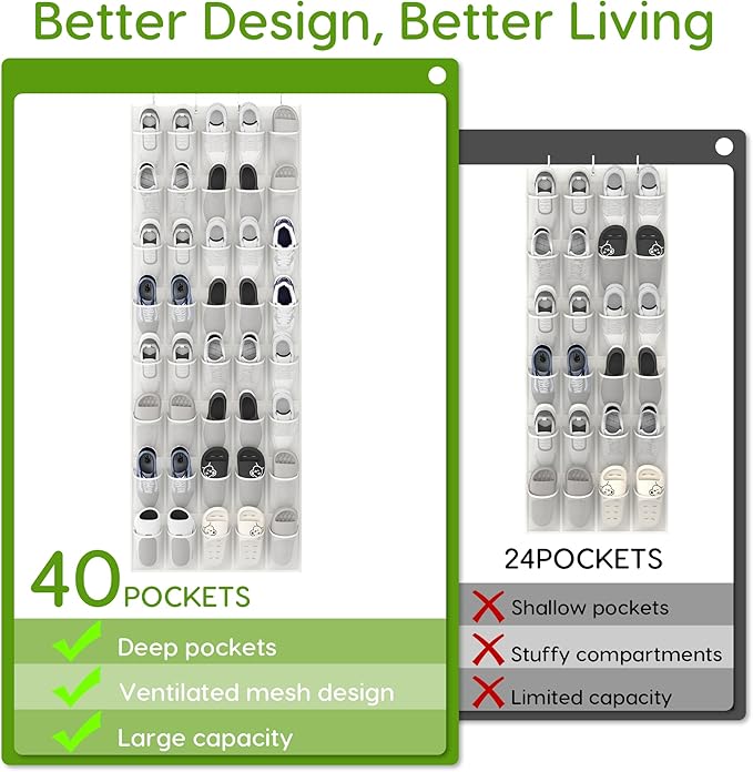 Unjumbly Over the Door Shoe Organizer with 40 Large Breathable Mesh Pockets, Space Saving Shoe Holder, Hanging Shoe Rack for Entryway Bedroom Closet Storage (White, 80 Pockets)