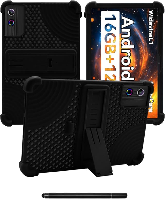for UGRIHACH A7 11 inch Android Tablet CaseBOVUGAC Soft Silicone with Capacitive PenHeat Dissipation DesignAdjustable StandShockproofKids Friendly(Black)