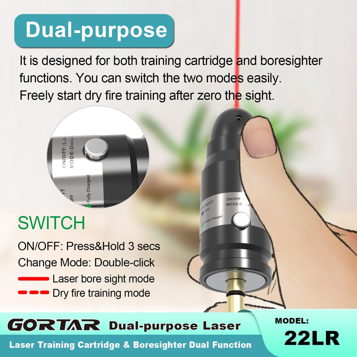GORTAR Laser Training Cartridge & Boresighter Dual Function for Cal 22LR/.223REM to Dry Fire Practice and Bore Sighting