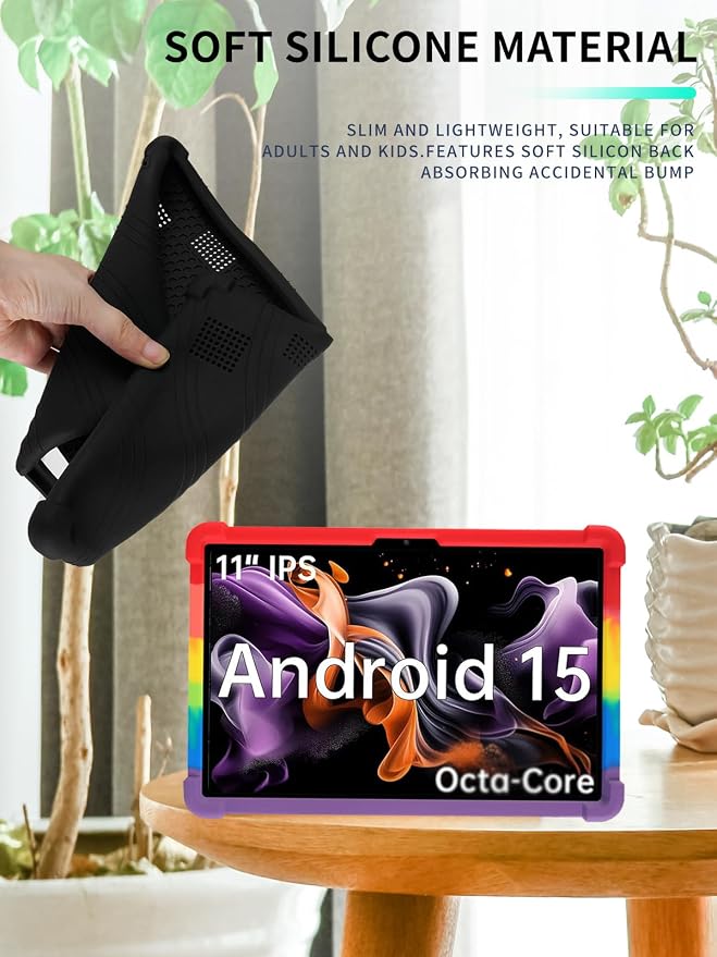 Case for ApoloMedia EP1095T 11 Tablet 2025 Android 15，WUNIAK Shock Proof Lightweight Stand Rubber Shell Protective CoverKids Friendly Soft Silicone Adjustable Stand CoverBlack