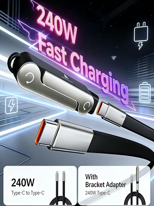 Detachable 240w Super Fast Charging 2-in-1 Charging Cable with Phone Charger Invisible Stand Flat Phone Charger Type-C 90 Degree 240w Stand Data Cable Right Angle Sideways(Data cable set1PC Black)
