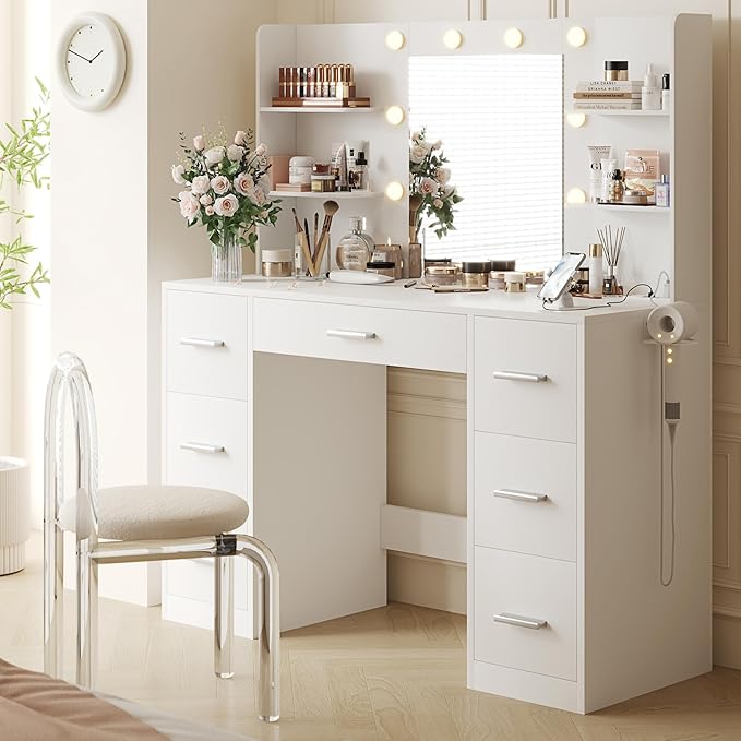 YESHOMY Vanity Desk with Mirror, Power Outlet and 10 Lights, Makeup Table with 7 Drawers, 3 Color Modes Available for Bedroom, Clear White