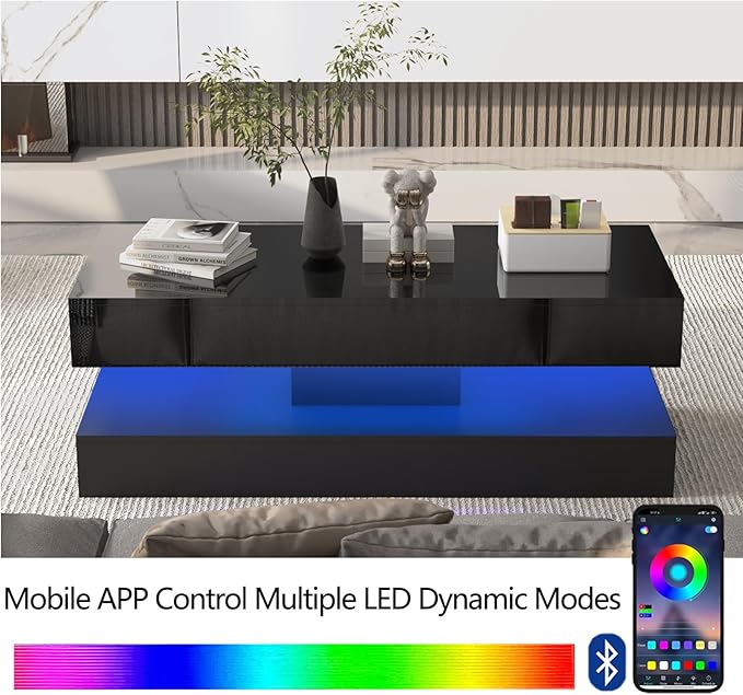 Uspeedy 47.3in Large High Glossy LED Coffee Table with 2 Storage Drawers,Black/White Modern Coffee Tables for Living Room,Living Room Tables,APP LED Lights (Black)
