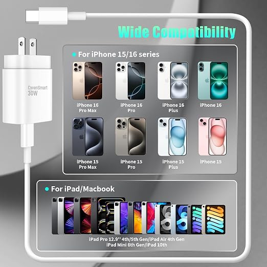 USBC Charger Block for iPhone 16 15 Pro Max Plus Charger Fast Charging30w Usb-C Fast Charger Adapter 6+10Ft USB Type C to USB C Cable for I Phone 16 15 ProMax Plus iPad Pro Air Mini-30 Watt Certified