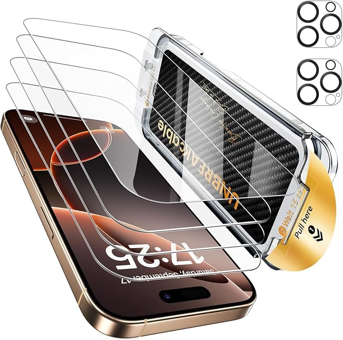 UNBREAKcable for iPhone 15 Plus Screen Protector 4+2 Pack [9H+ Military-Grade Shatterproof] [Effortless Bubble-Free Installation] Ultra HD Clarity Tempered Glass with Lens Protector Case friendly
