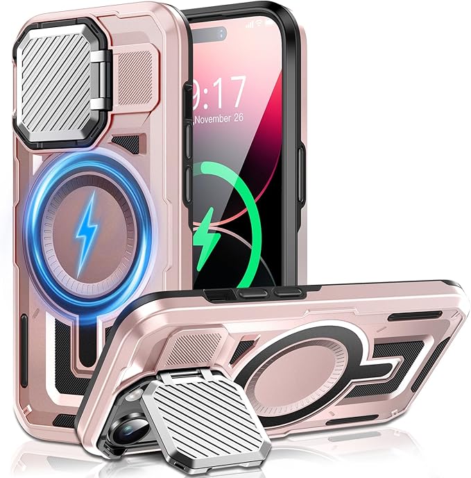 Camera Stand Case for iPhone 14 Pro, [Compatible with Mag Safe] [Lens Cover] 2024 Version Military Grade Protective Soft Case for iPhone 14 Pro 6.1 inch Men Women, Pink