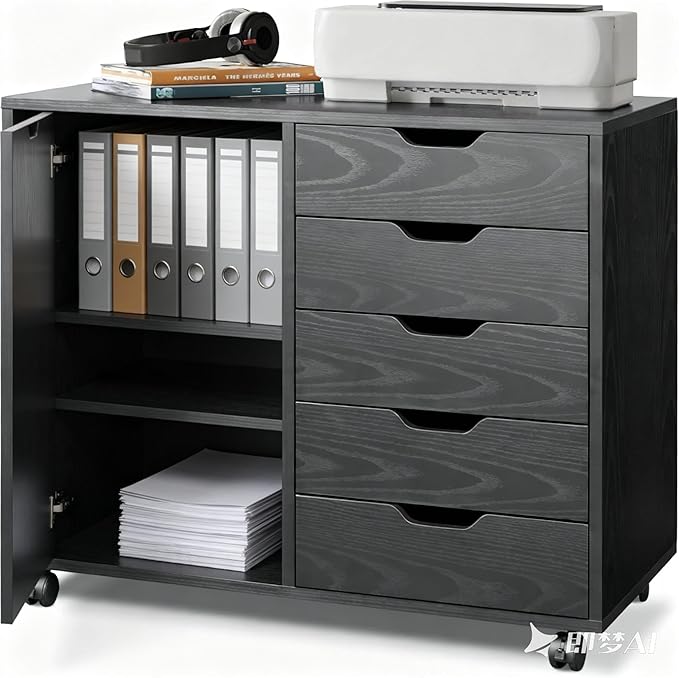 5-Drawer Wood Drawer Cabinet, Office Storage Cabinet with Adjustable Shelf & Wheels, Printer Stand for Home Office, Black, 15.7" D x 30.7" W x 25.4" H